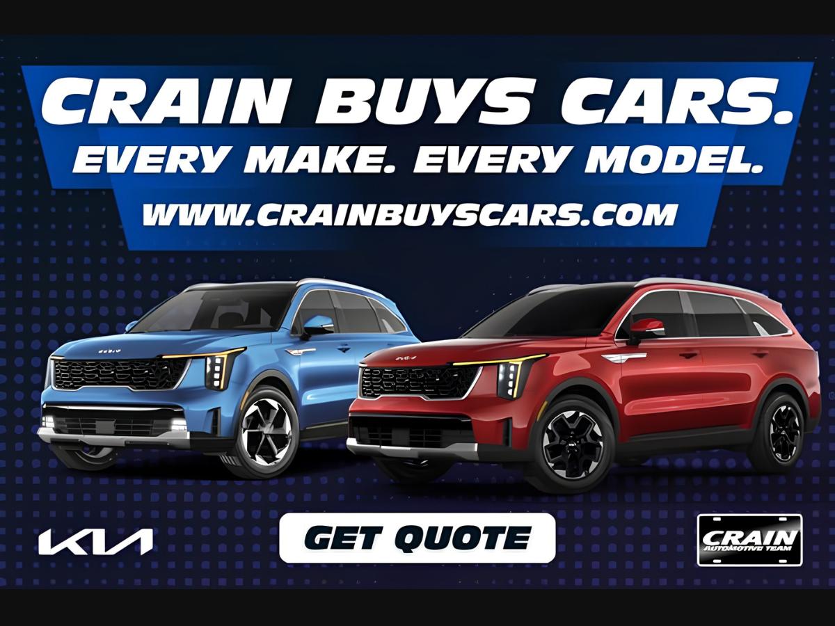 Crain Buys Cars promotional graphic with Kia vehicles