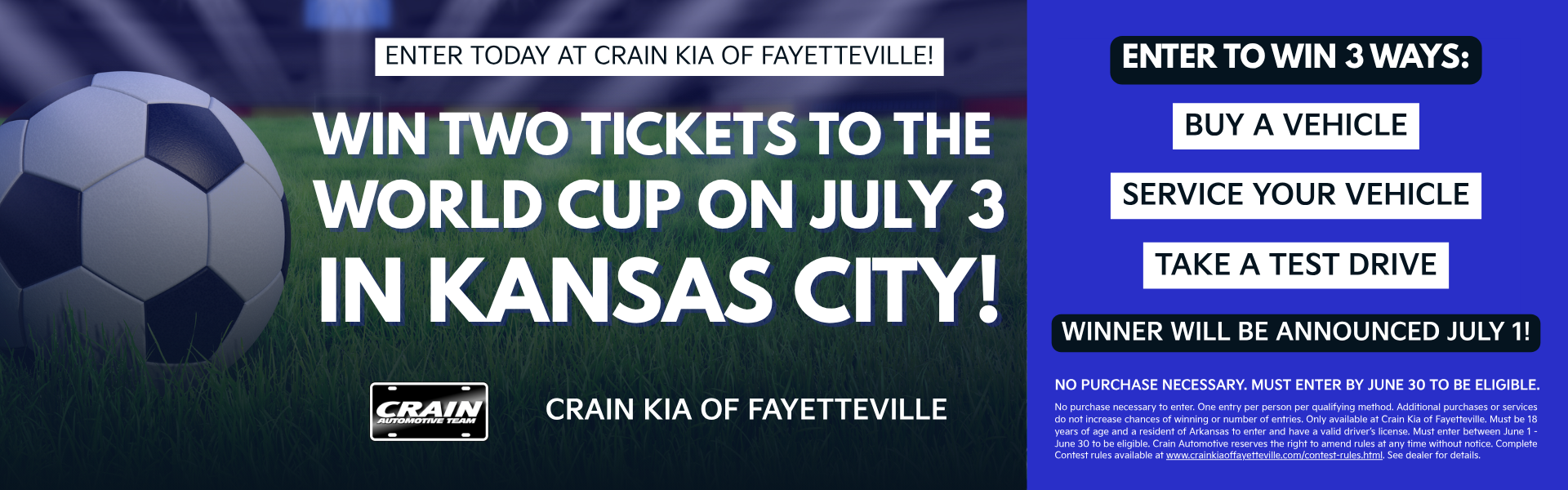 Contest Rules for Ticket Giveaway at Crain Kia of Fayetteville.