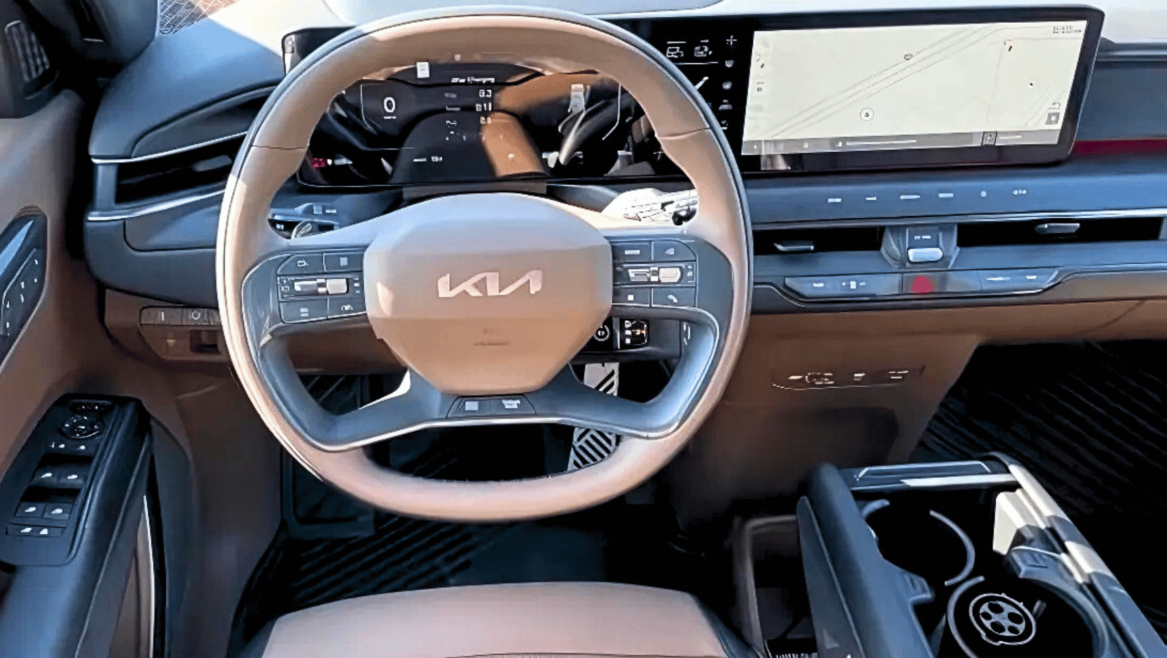 2026 EV9 Interior Showcasing the Steering wheel and Infotainment Screen